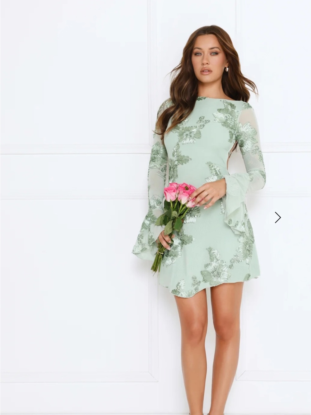 Hello Molly LOVE NOTES ONLY LONG SLEEVE Mesh MINI DRESS SAGE size Large - Picture 3 of 7